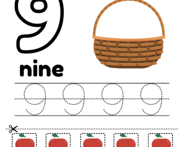 Trace Number 9, Cut and Past Nine Apples in the Basket PDF Worksheets For Kindergarten