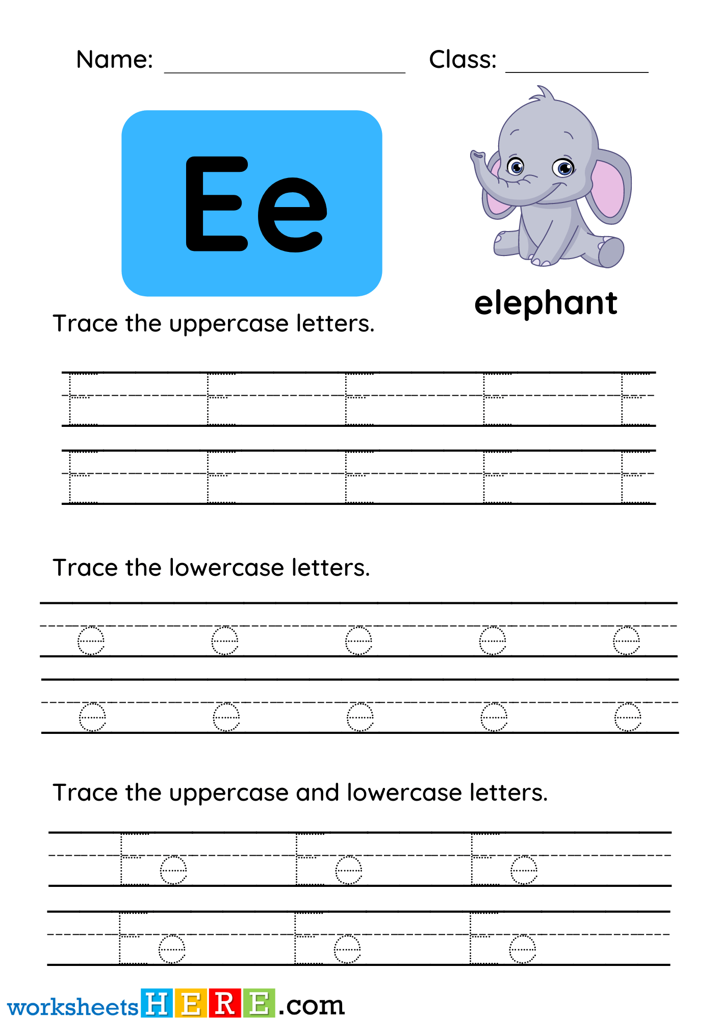 Trace The Uppercase and Lowercase Alphabets Letter E PDF Worksheet For Kindergarten