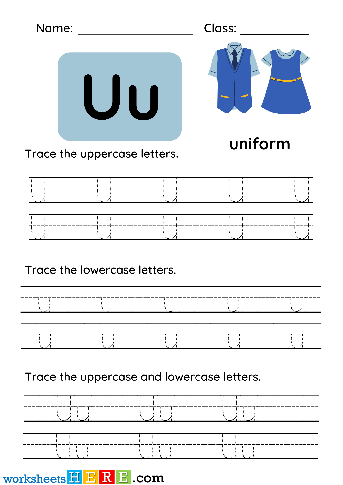 Trace The Uppercase and Lowercase Alphabets Letter U PDF Worksheet For Kindergarten