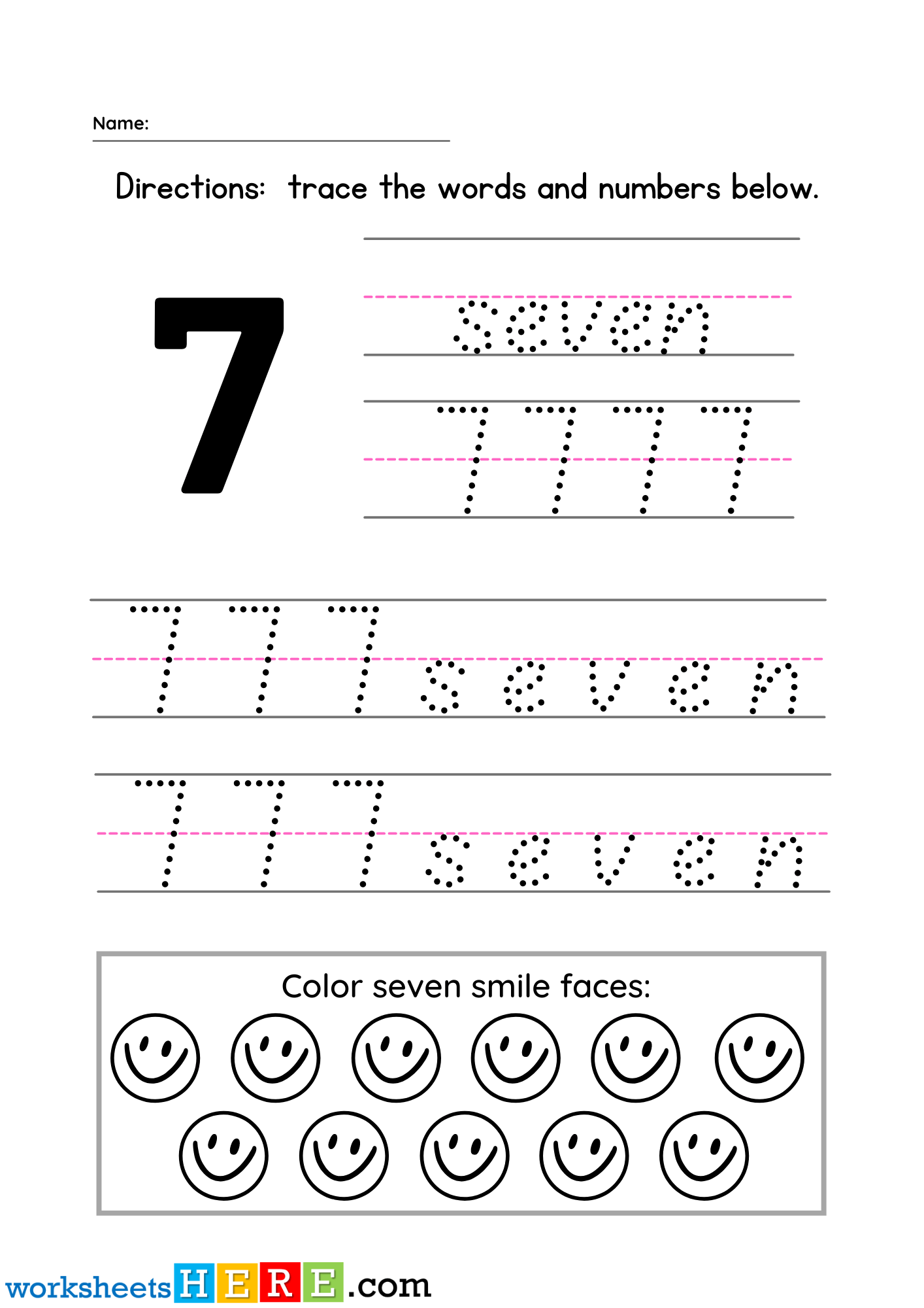 Trace the Number 7 and Word Activity For PDF Worksheet For Kindergarten