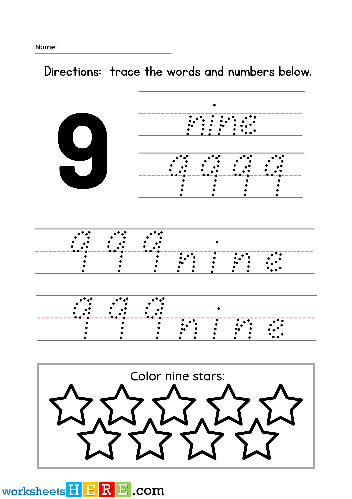Trace the Number 9 and Word Activity For PDF Worksheet For Kindergarten