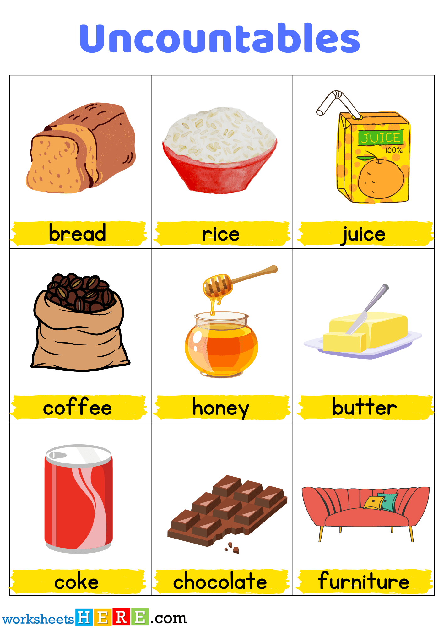 Uncountables List With Pictures, Uncountable Noun List with Pictures Worksheets For Kids