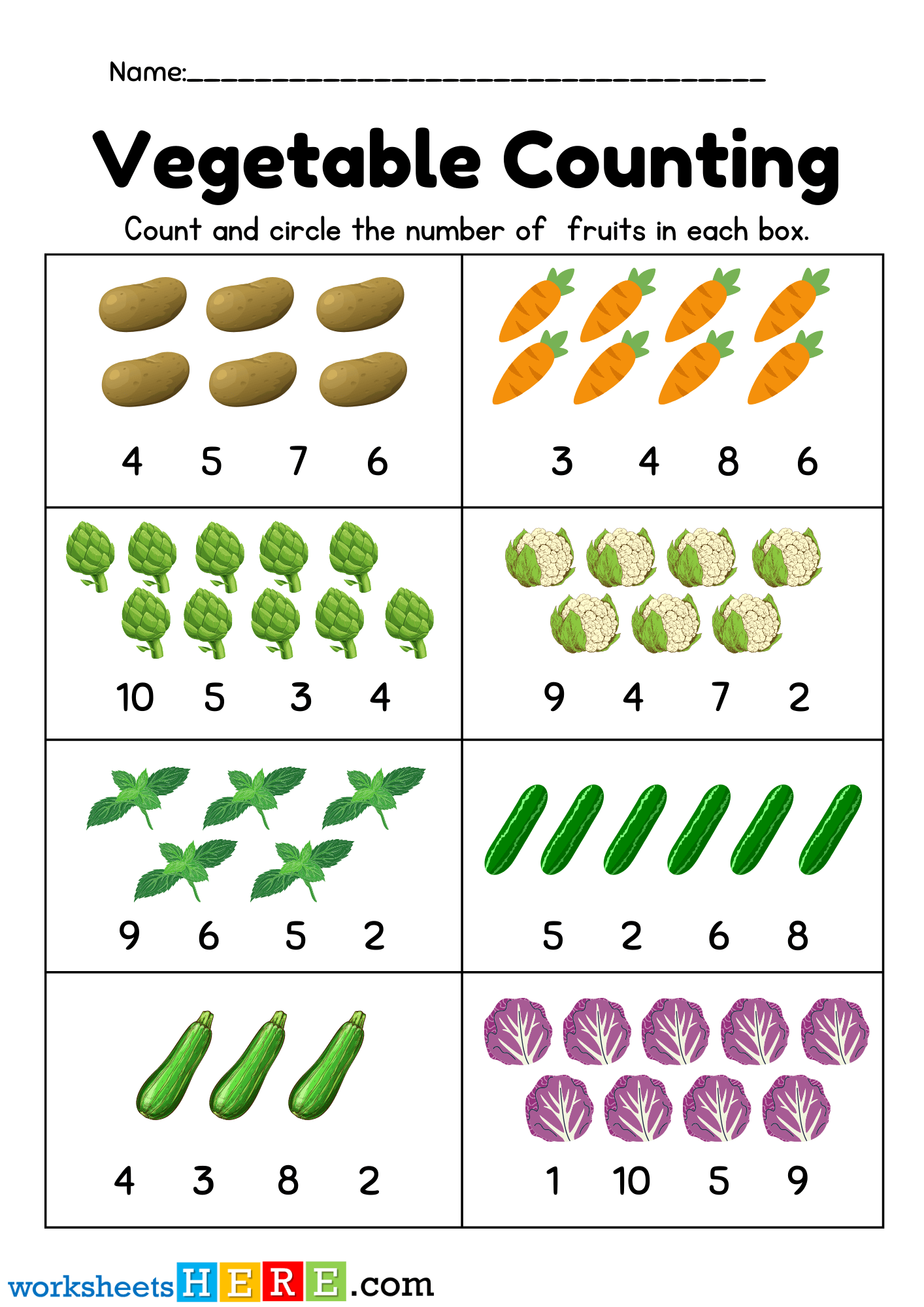Vegetables Counting, Count and Circle the Number of Vegetables PDF Worksheet For Kindergarten