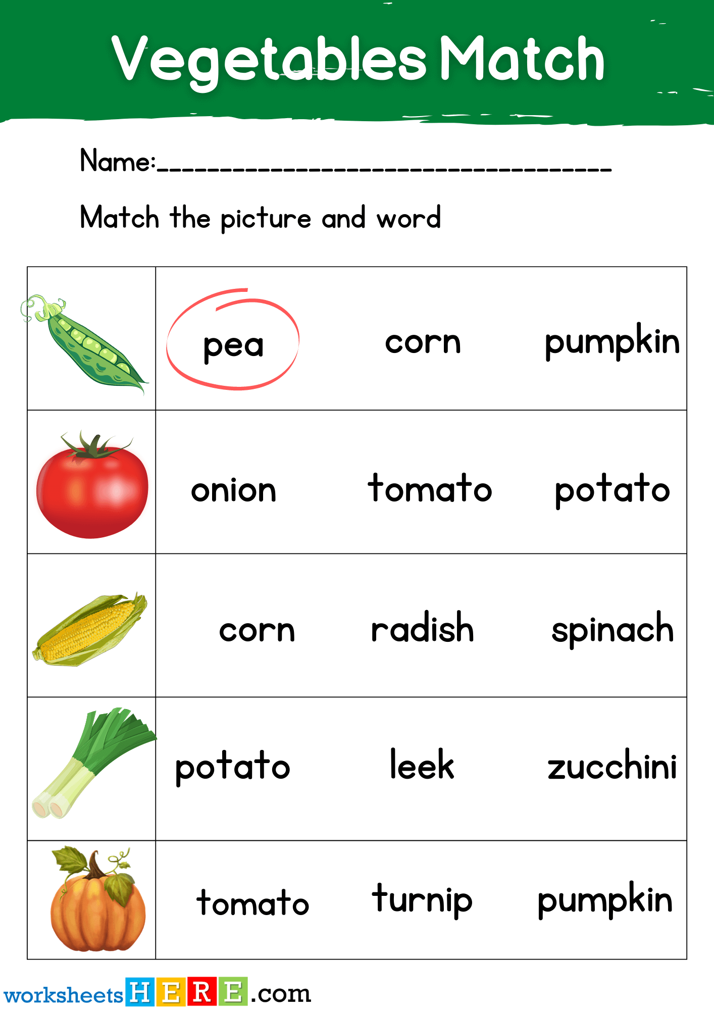 Vegetables Names Match with Pictures Activity PDF Worksheet For Kindergarten