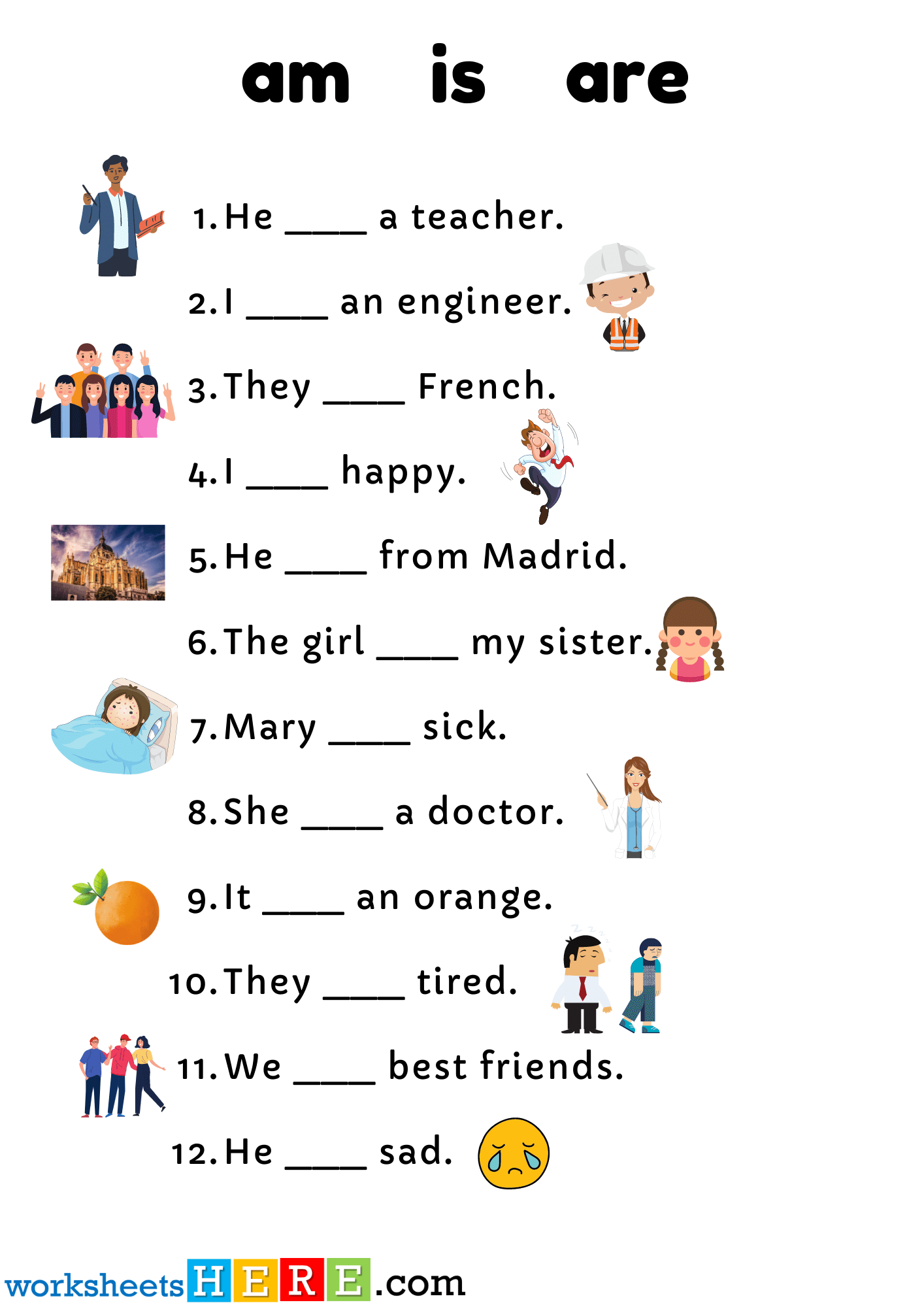 Verb To Be am is are Exercises and Answers with Pictures PDF Worksheet For Kids