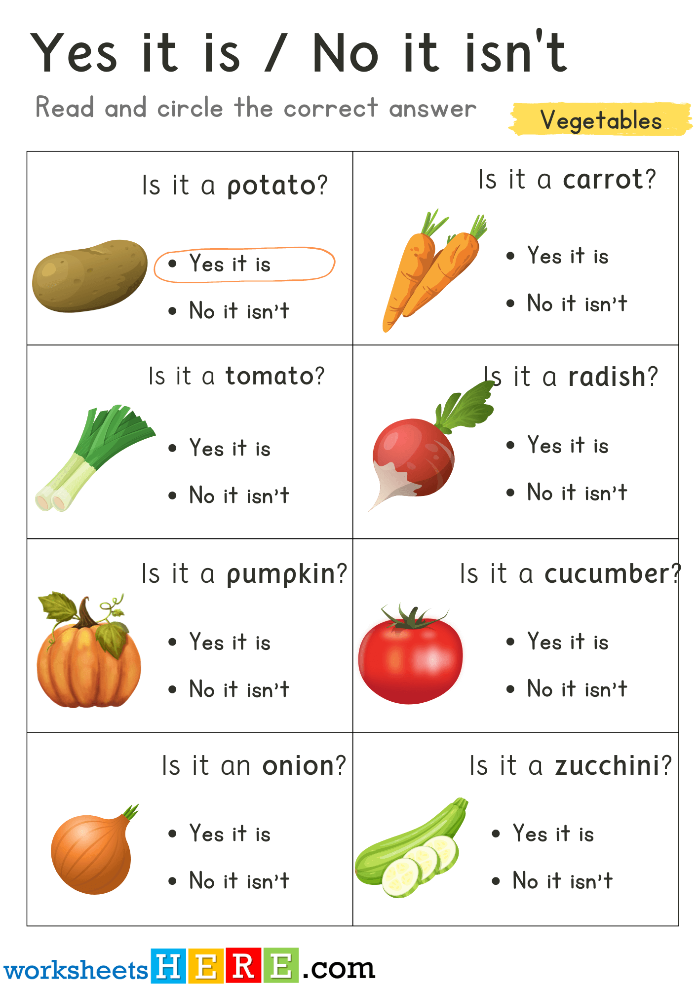 Yes No, Read and Circle Correct Answer with Vegetables Pictures PDF Worksheet