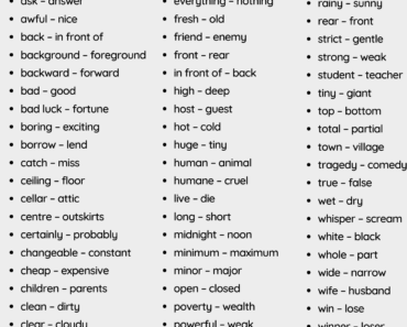 +150 Antonym Words List PDF Worksheet For Students