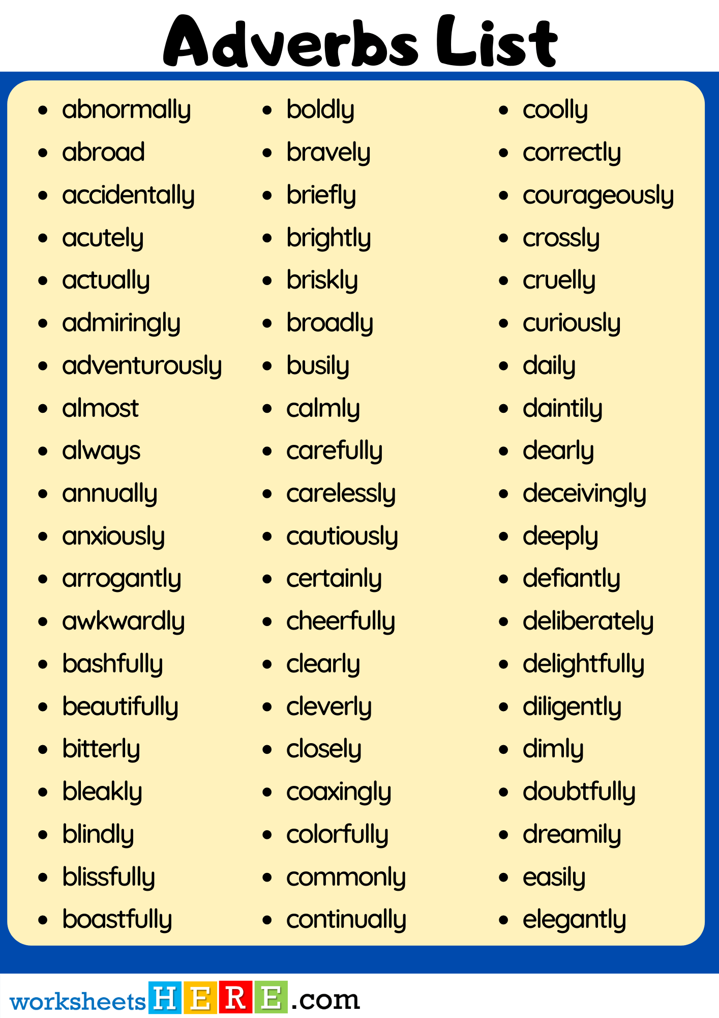 180 Common Adverbs List and PDF Worksheet For Students and Kids