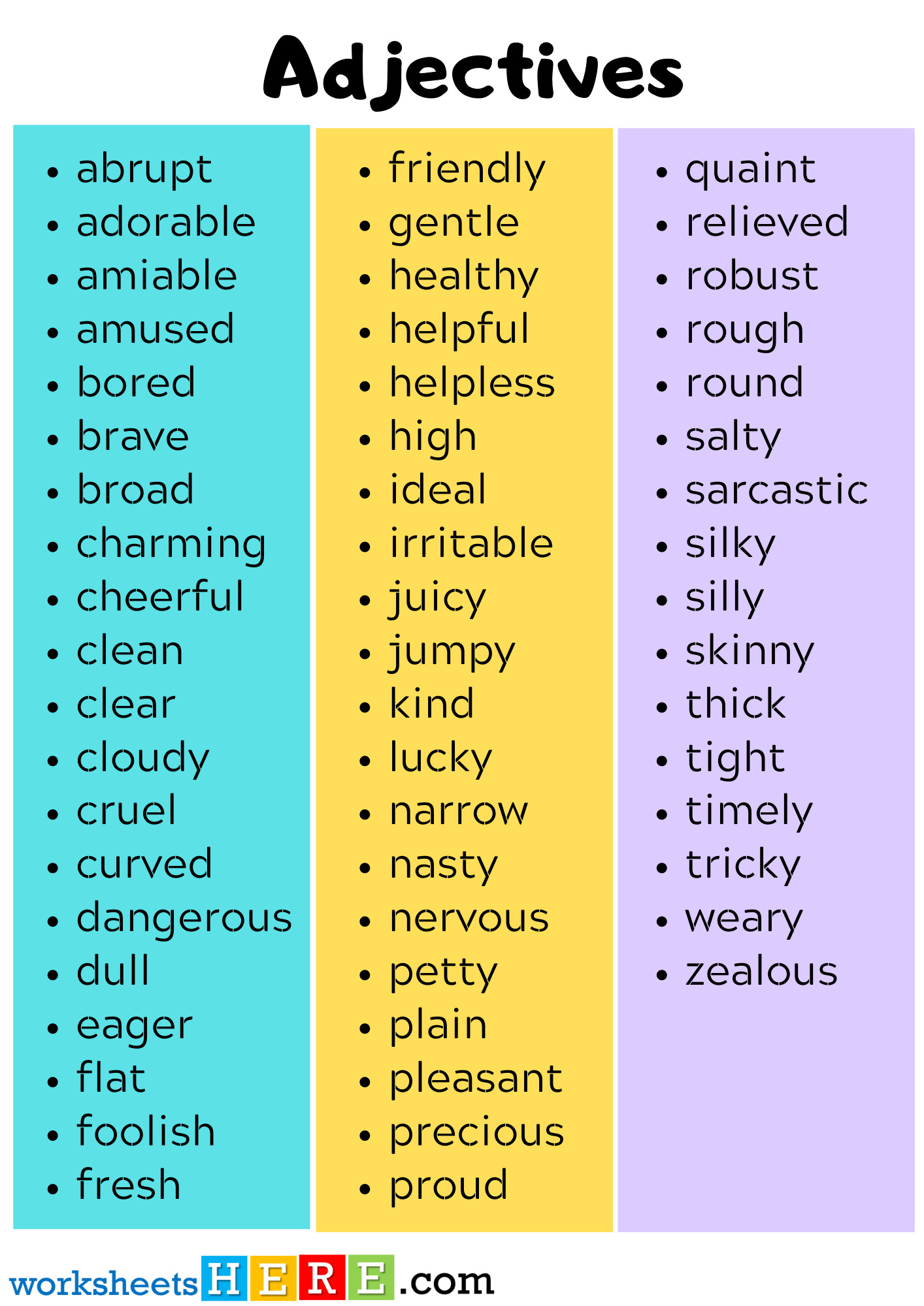 50 Common Adjectives List in English with PDF Worksheet
