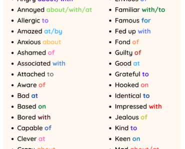 Adjective + Preposition List Vocabulary PDF Worksheet For Students and Kids