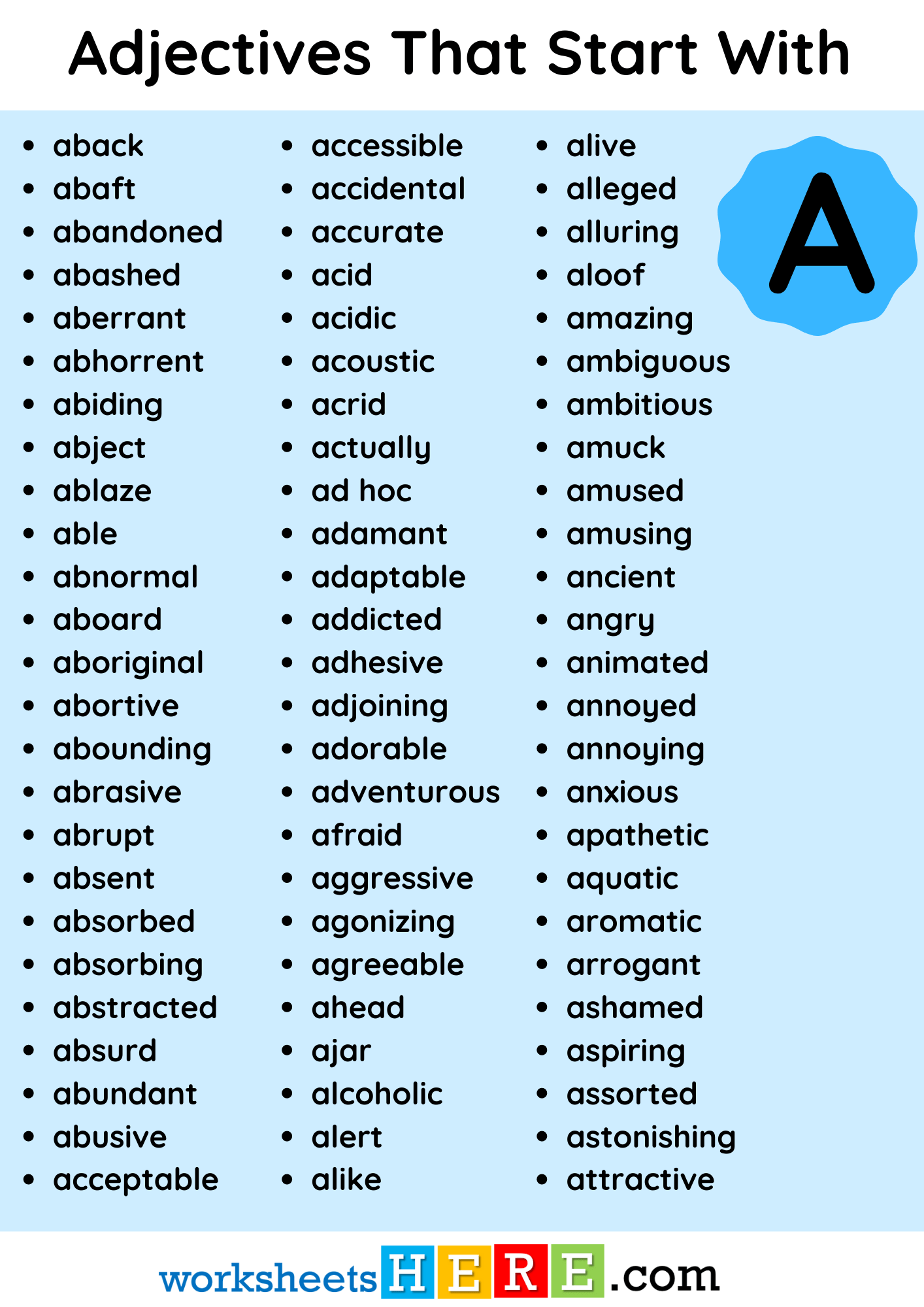 Adjectives That Start With A Vocabulary List PDF Worksheet For Students