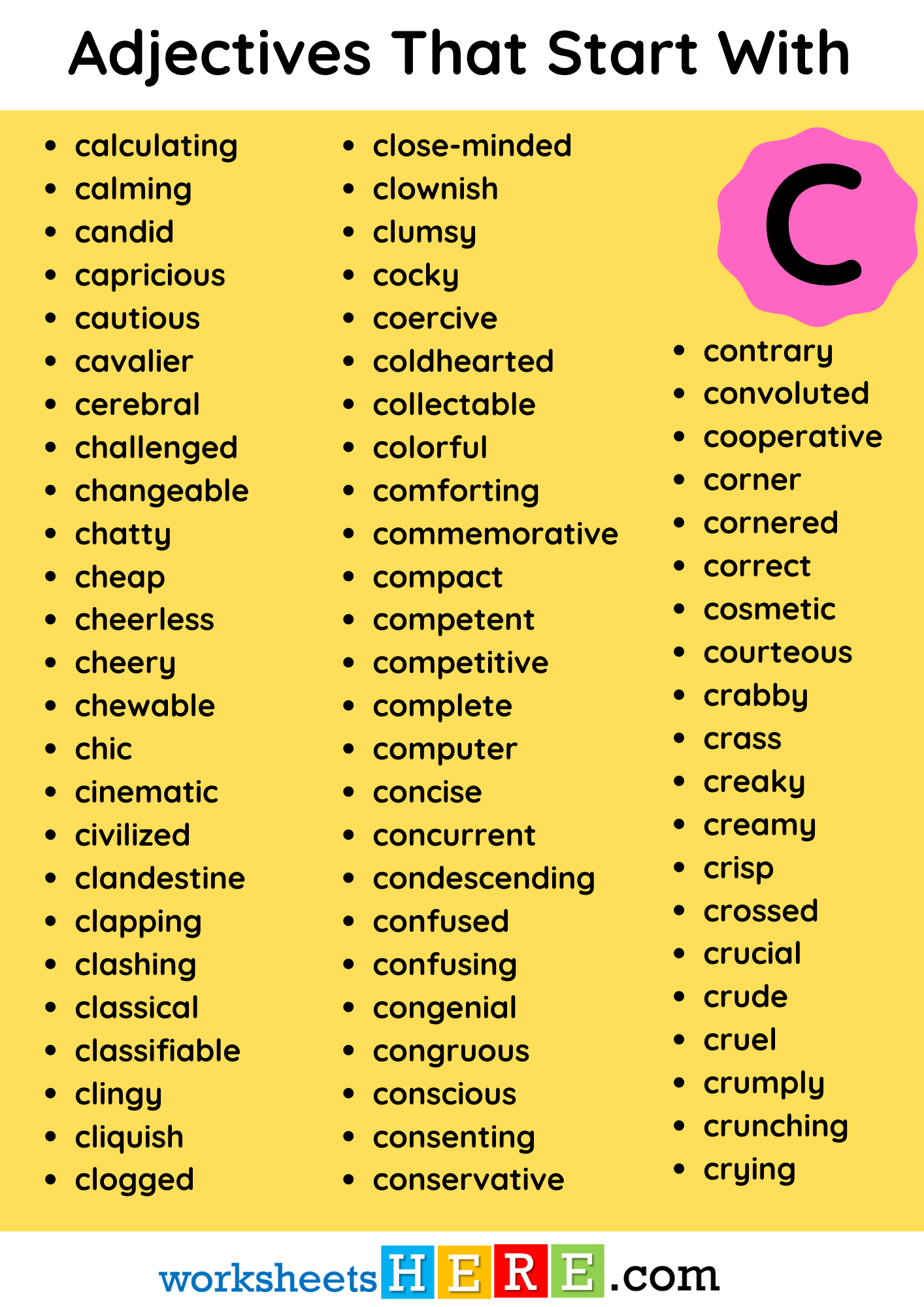Adjectives That Start With C Vocabulary List PDF Worksheet For Students