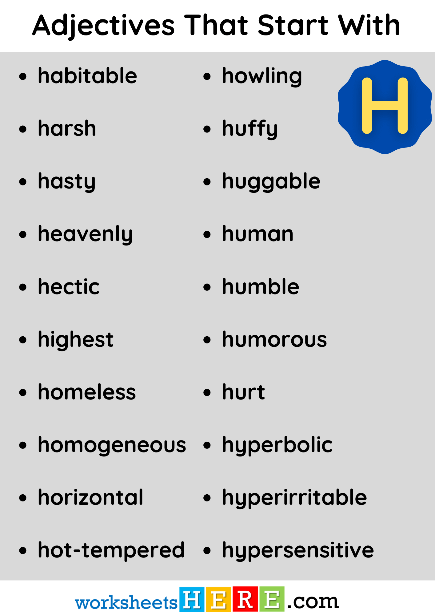 Adjectives That Start With H Vocabulary List PDF Worksheet For Students