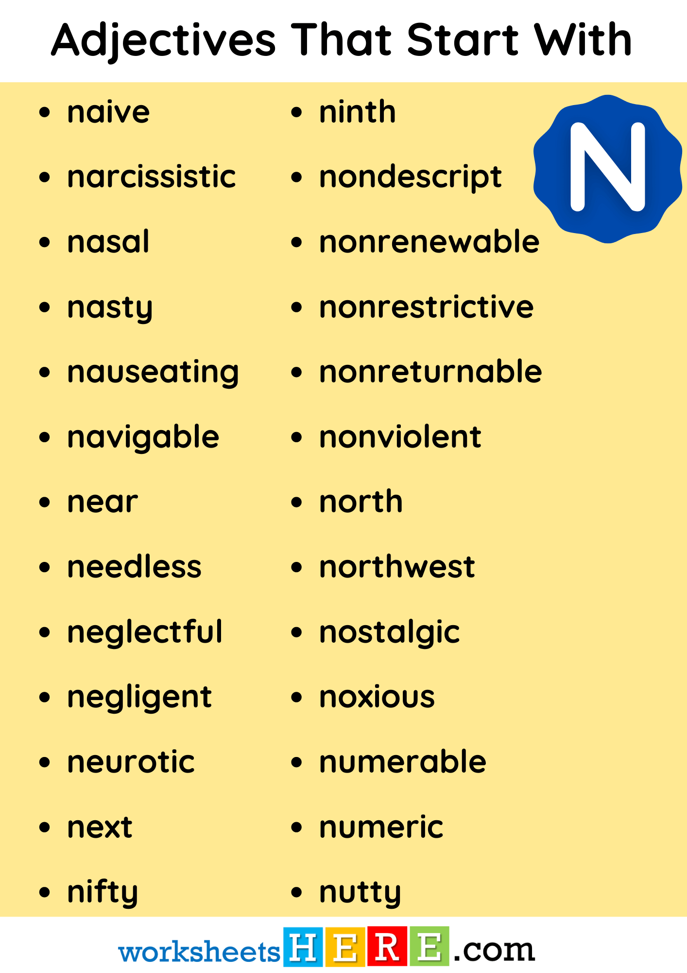Adjectives That Start With N Vocabulary List PDF Worksheet For Students