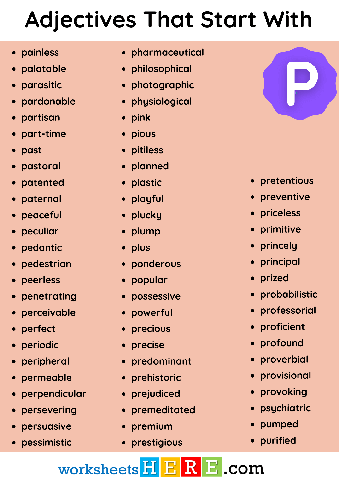 Adjectives That Start With P Vocabulary List PDF Worksheet For Students