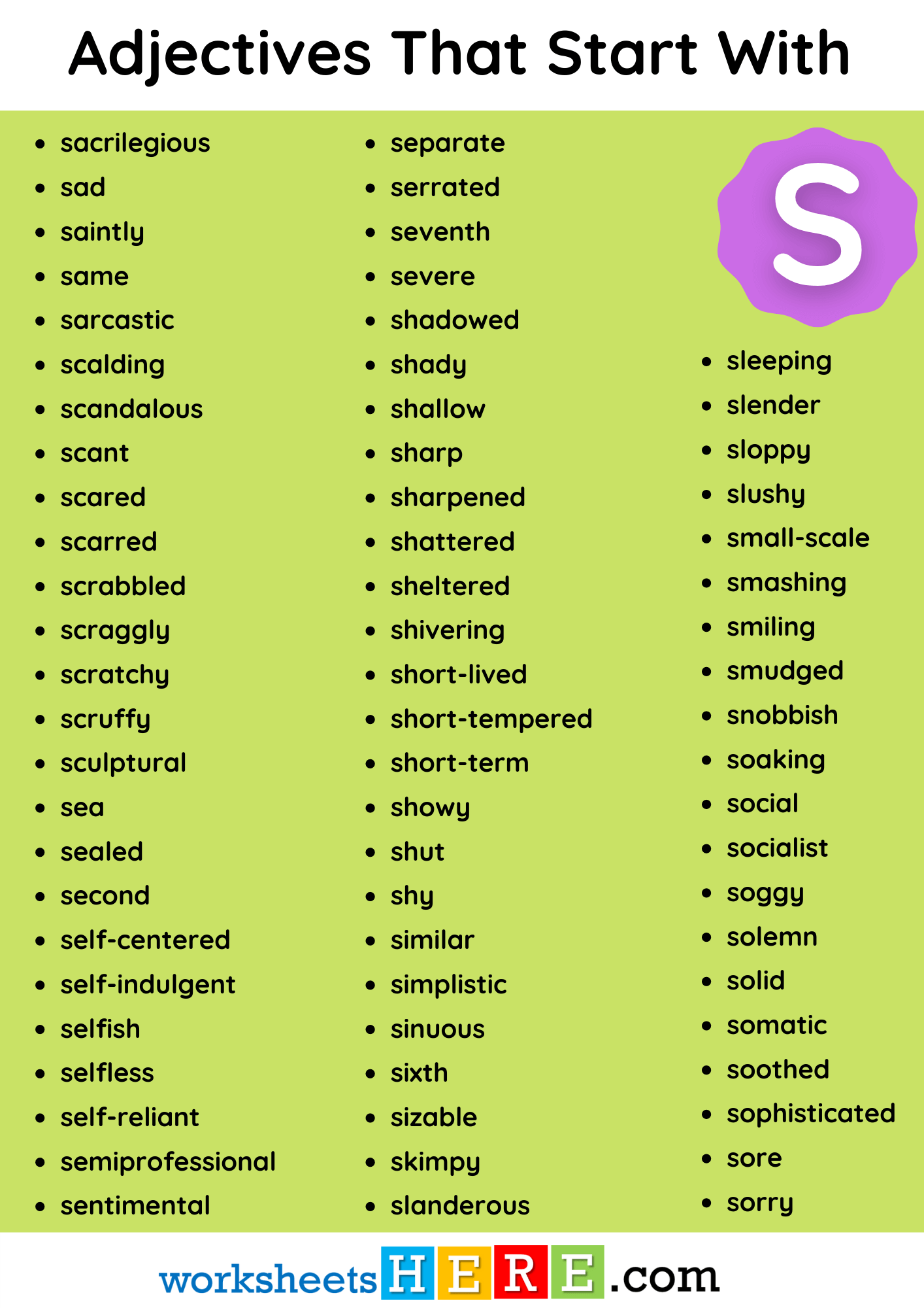 Adjectives That Start With S Vocabulary List PDF Worksheet For Students