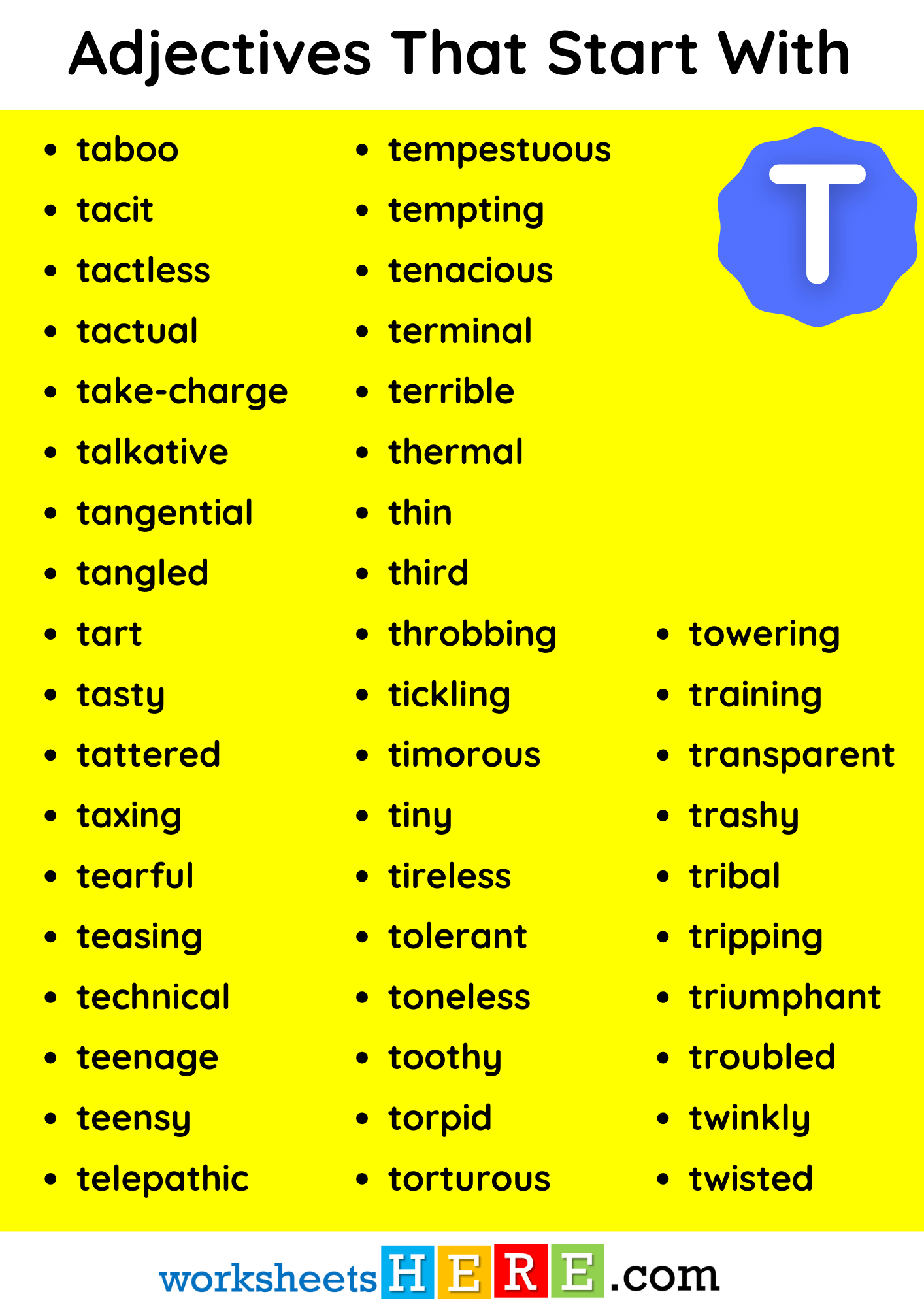 Adjectives That Start With T Vocabulary List PDF Worksheet For Students