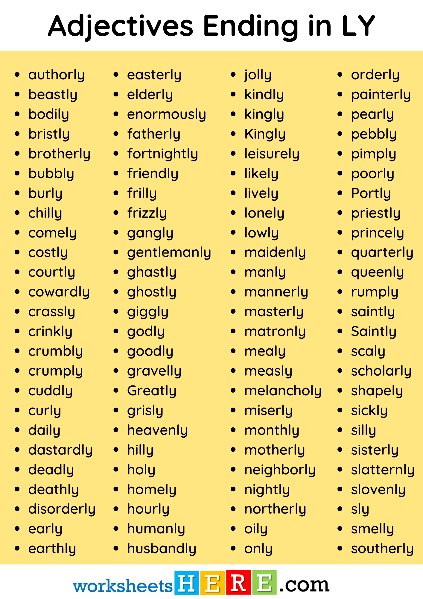 Adjectives Words List Ending in LY PDF Worksheet For Students