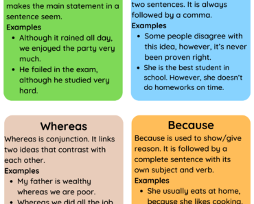 Although, However, Whereas, Because Definition and Example Sentences PDF Worksheet