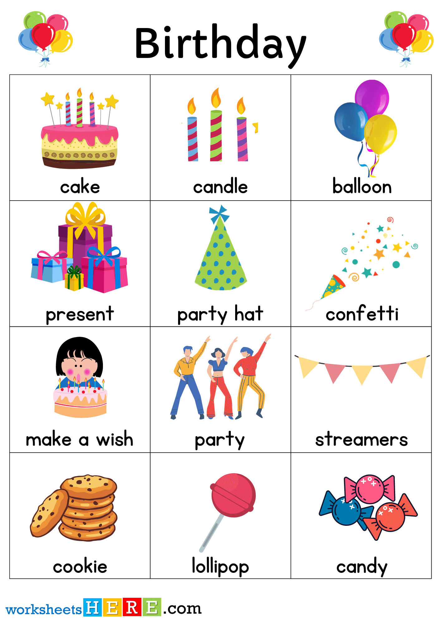 Birthday Objects Names with Pictures, Birthday Flashcards PDF Worksheets For Kindergarten