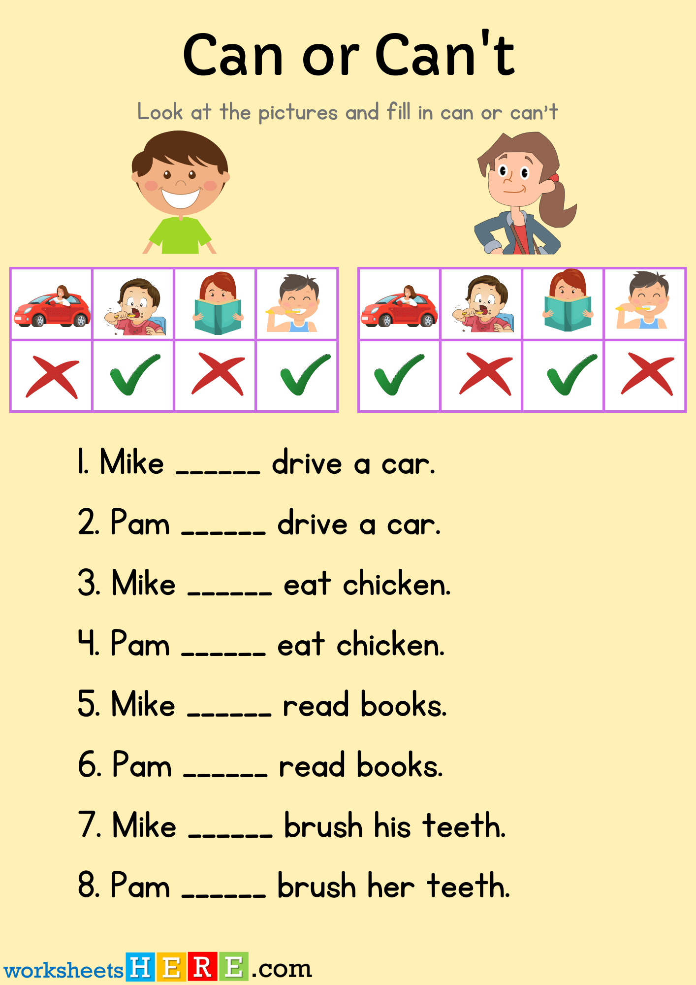 Can or Can’t Exercises, Answers with Pictures Examples PDF Worksheet For Kids