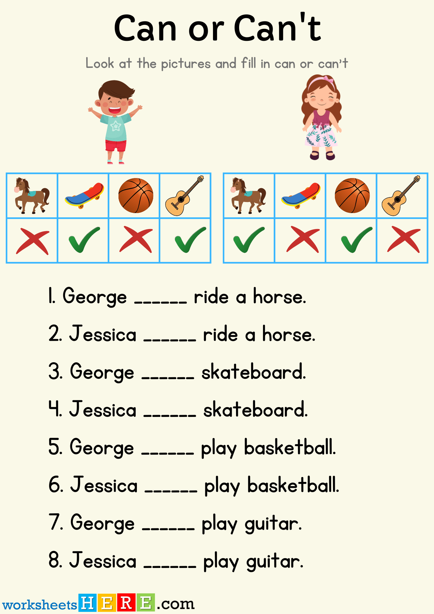 Can or Can’t Exercises, Answers with Pictures Examples PDF Worksheet For Kindergarten