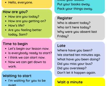 Classroom English Phrases Examples PDF Worksheet For Kids and Students