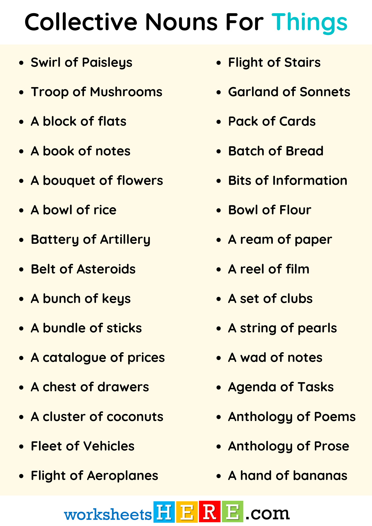 Collective Nouns For Things Vocabulary List For Kids and Students