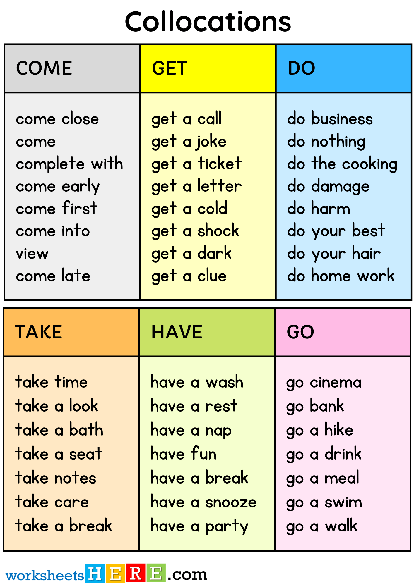 Collocations with Come Get Take Do Have Go PDF Worksheets