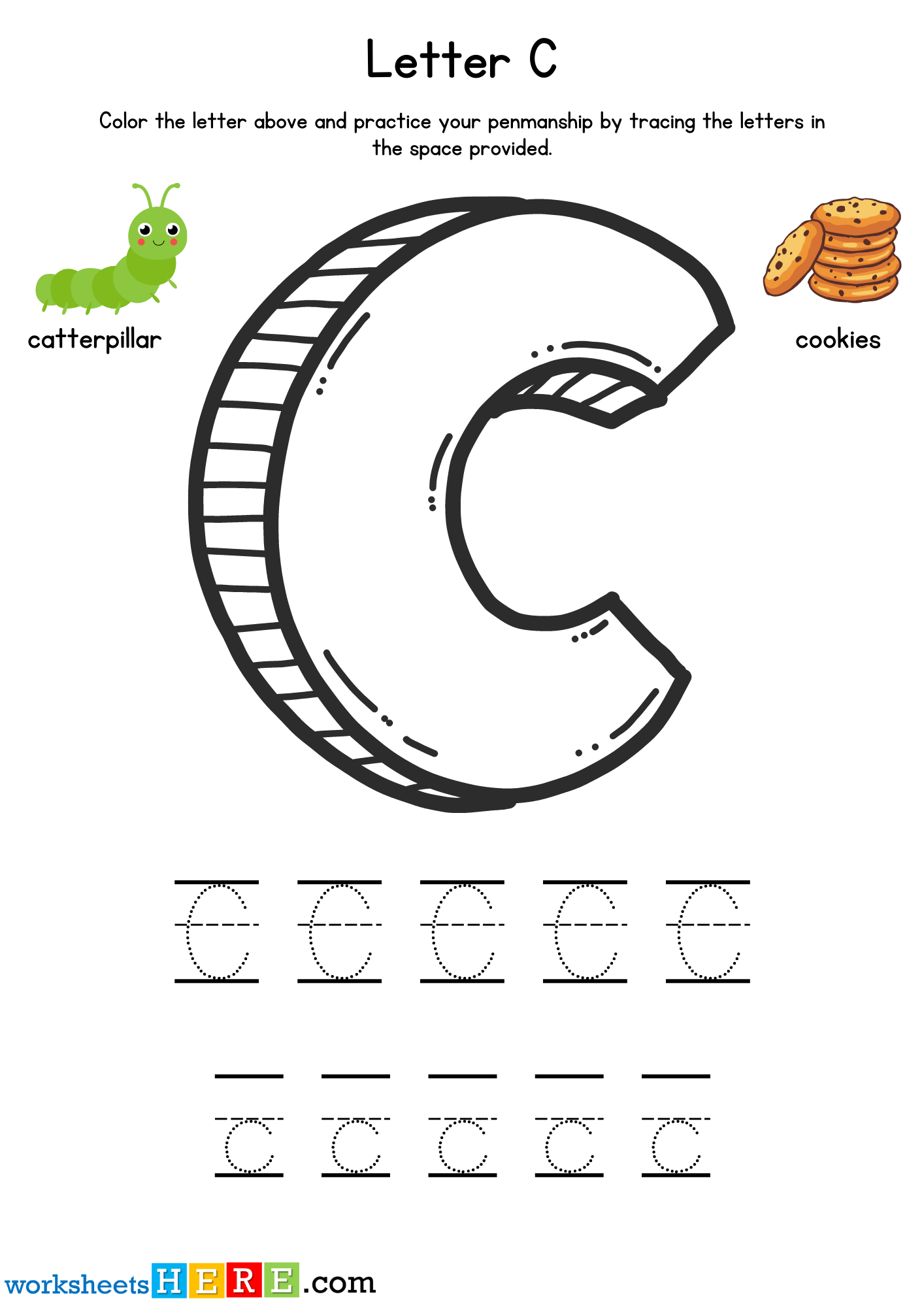 Color and Trace Letter C Exercises PDF Worksheet For Kindergarten and Kids