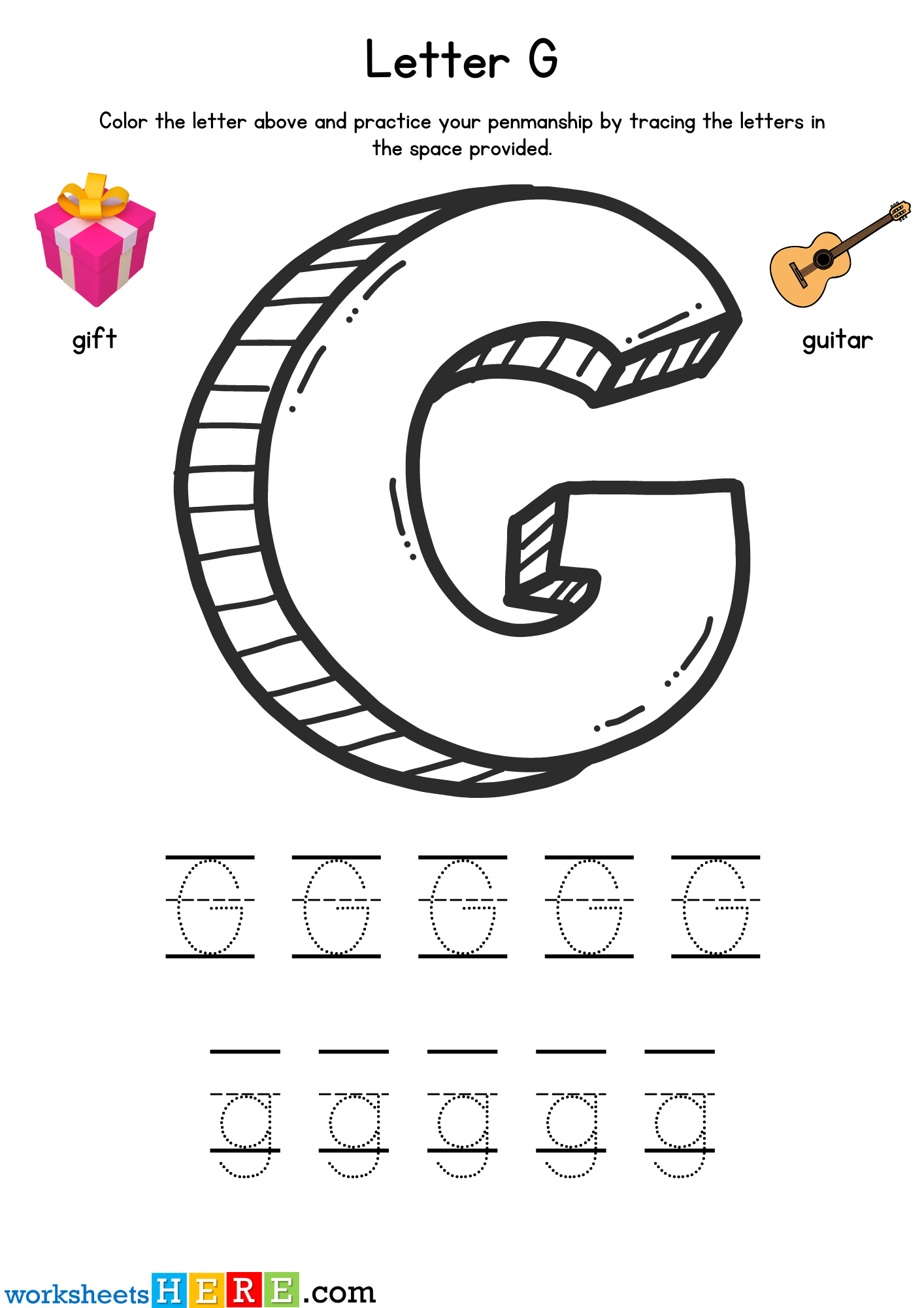 Color and Trace Letter G Exercises PDF Worksheet For Kindergarten and Kids