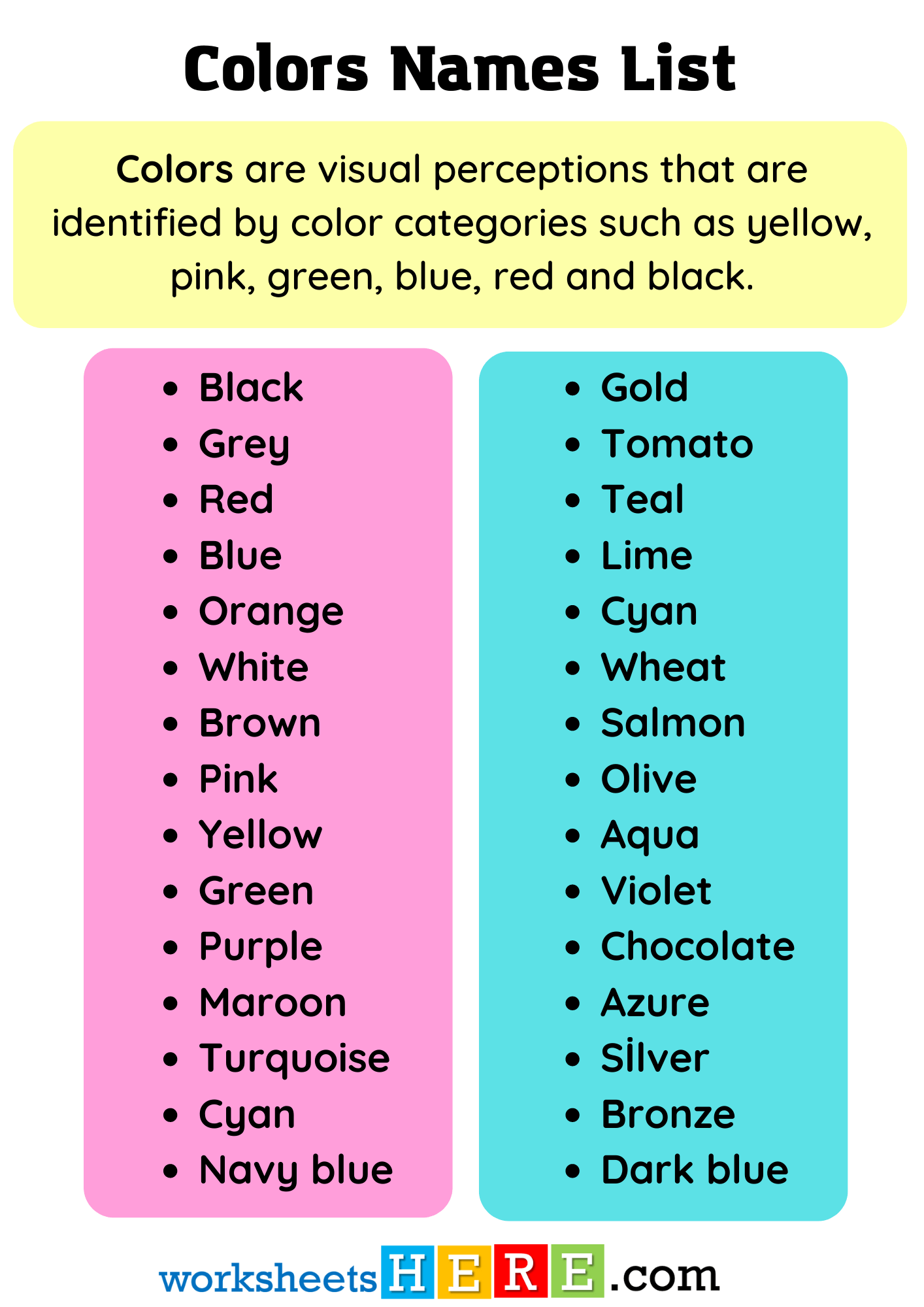 Common Colors Names List PDF Worksheet For Students and Kids
