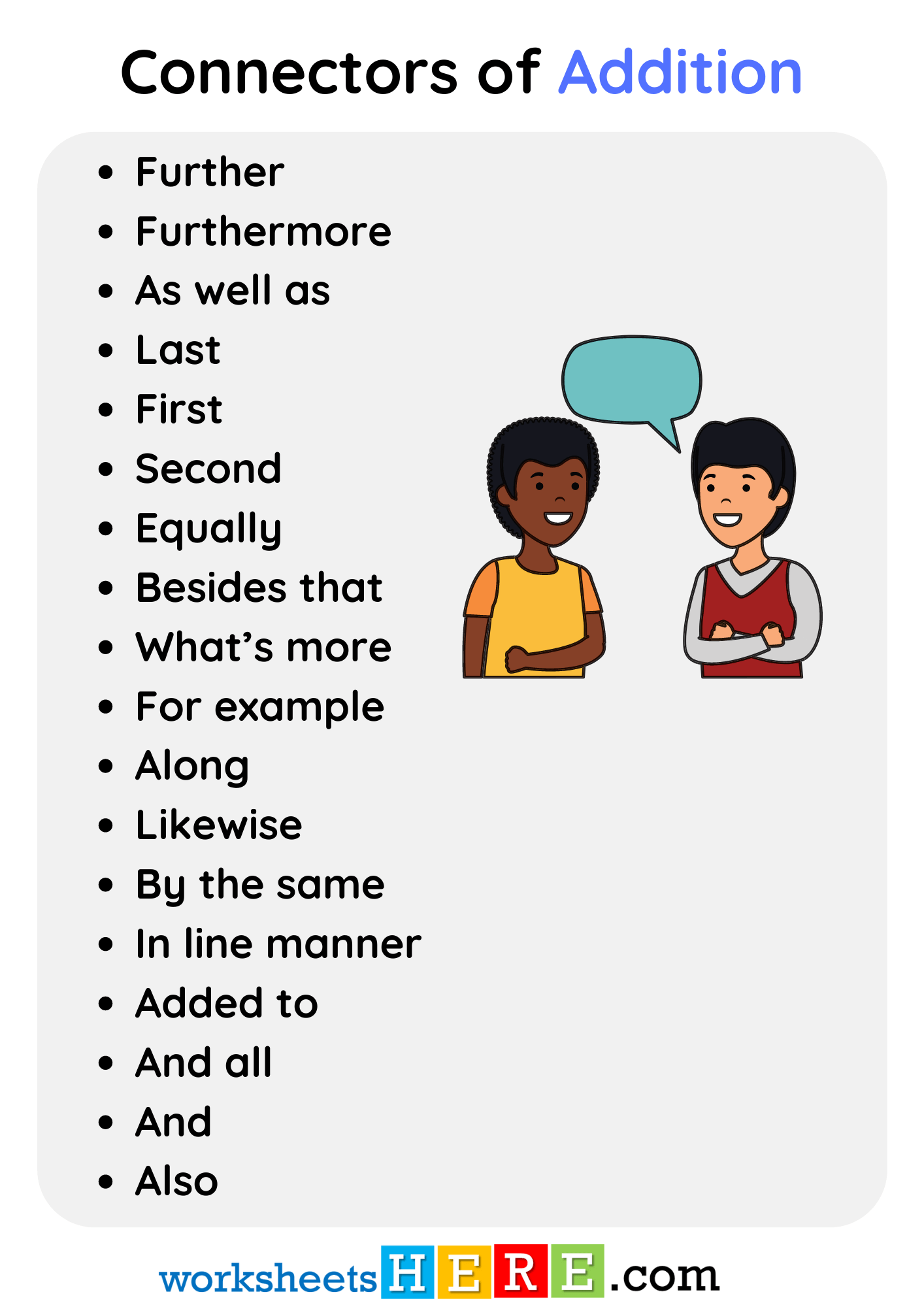 Connectors of Addition Words List PDF Worksheet For Students
