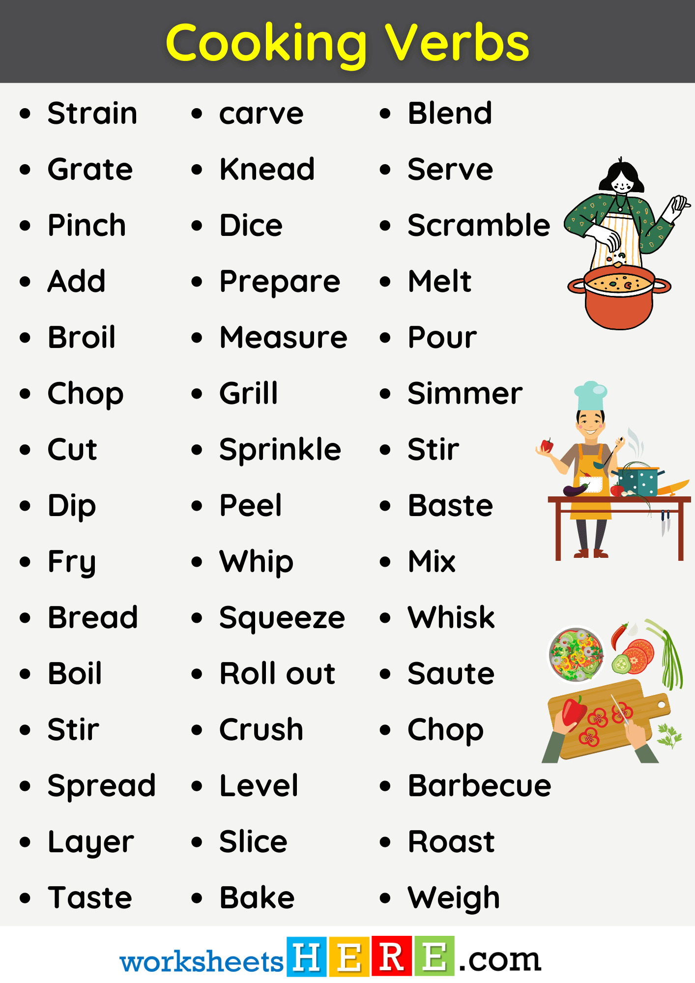 Cooking Verbs Vocabulary List PDF Workhseet For Students and Kids