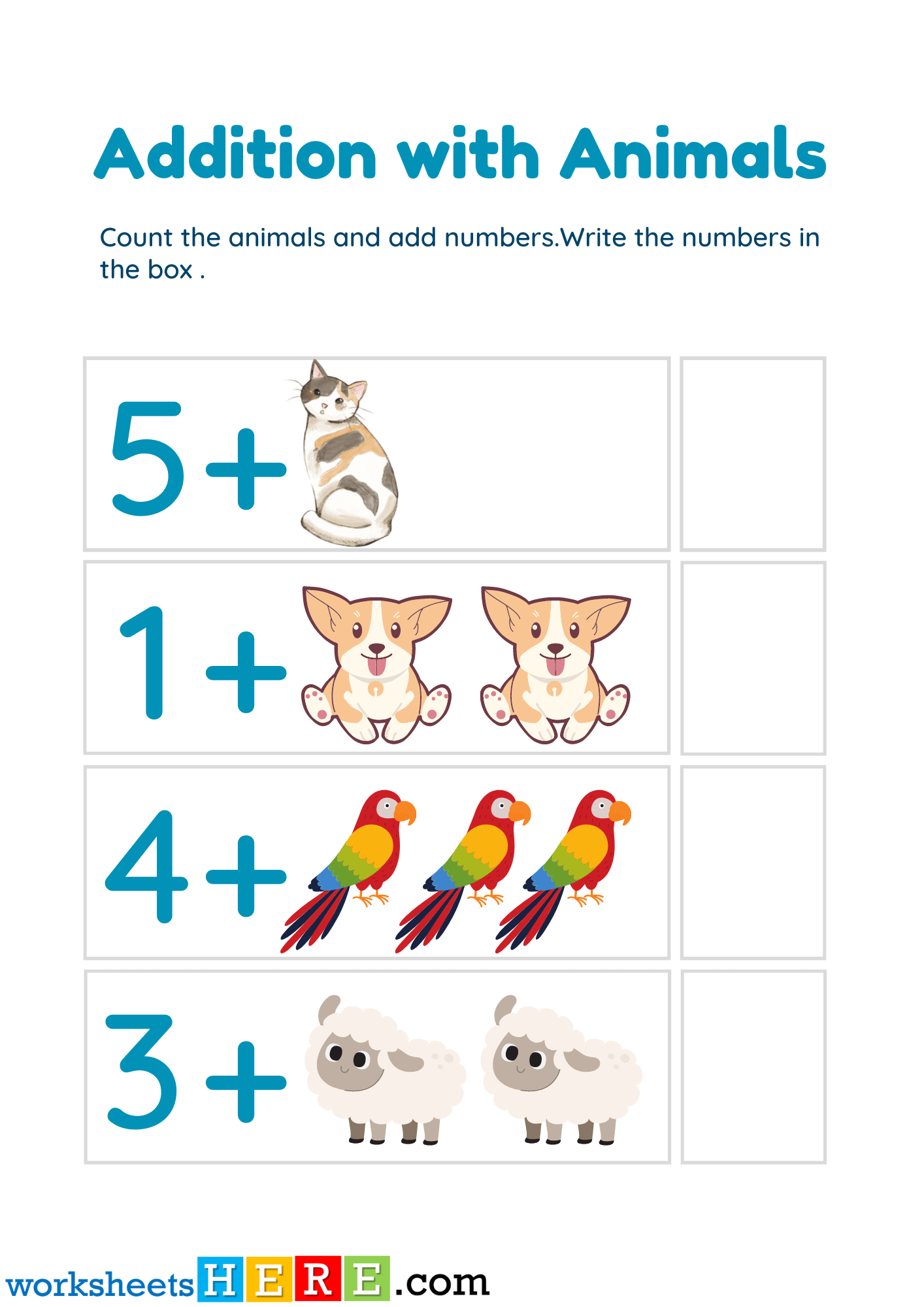 Count and Addition with Animals Exercises PDF Worksheet For Kids
