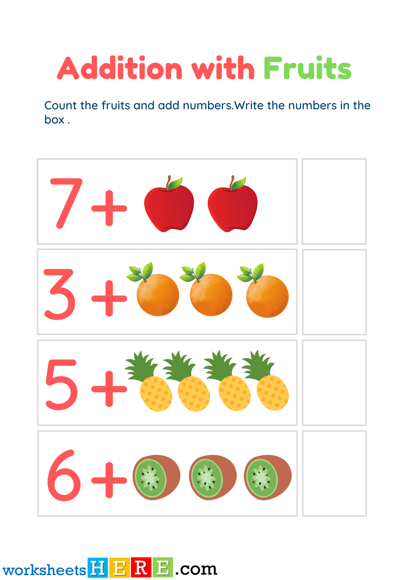 Count and Addition with Fruits Exercises PDF Worksheet For Kids