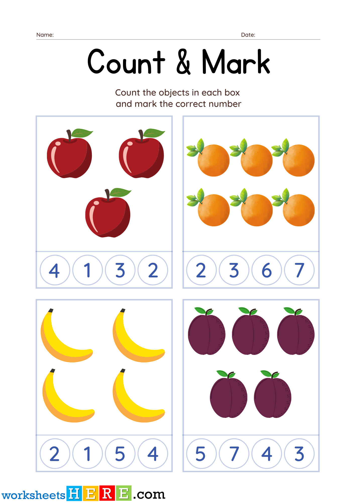 Count the Fruits and Mark the Correct Number PDF Worksheet For Kindergarten