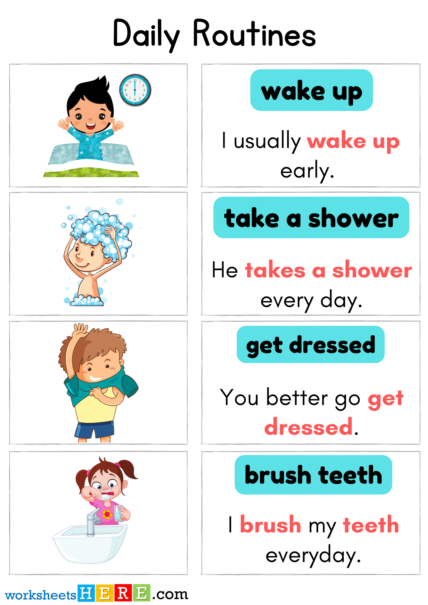 Daily Routines Verbs with Pictures and Sentences PDF Worksheet For Kids and Students