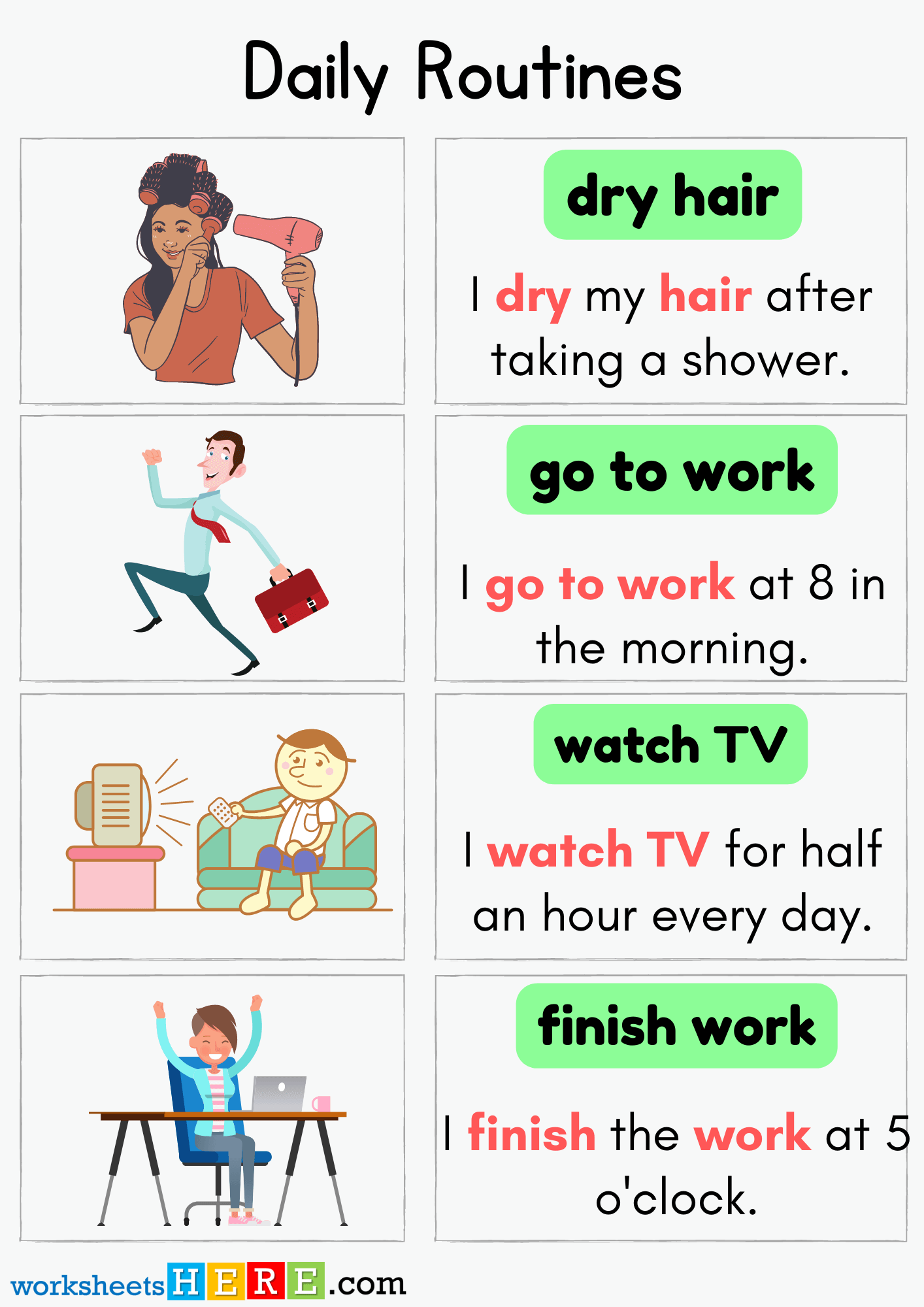 Daily Routines Verbs with Pictures and Sentences PDF Worksheet For Kindergarten