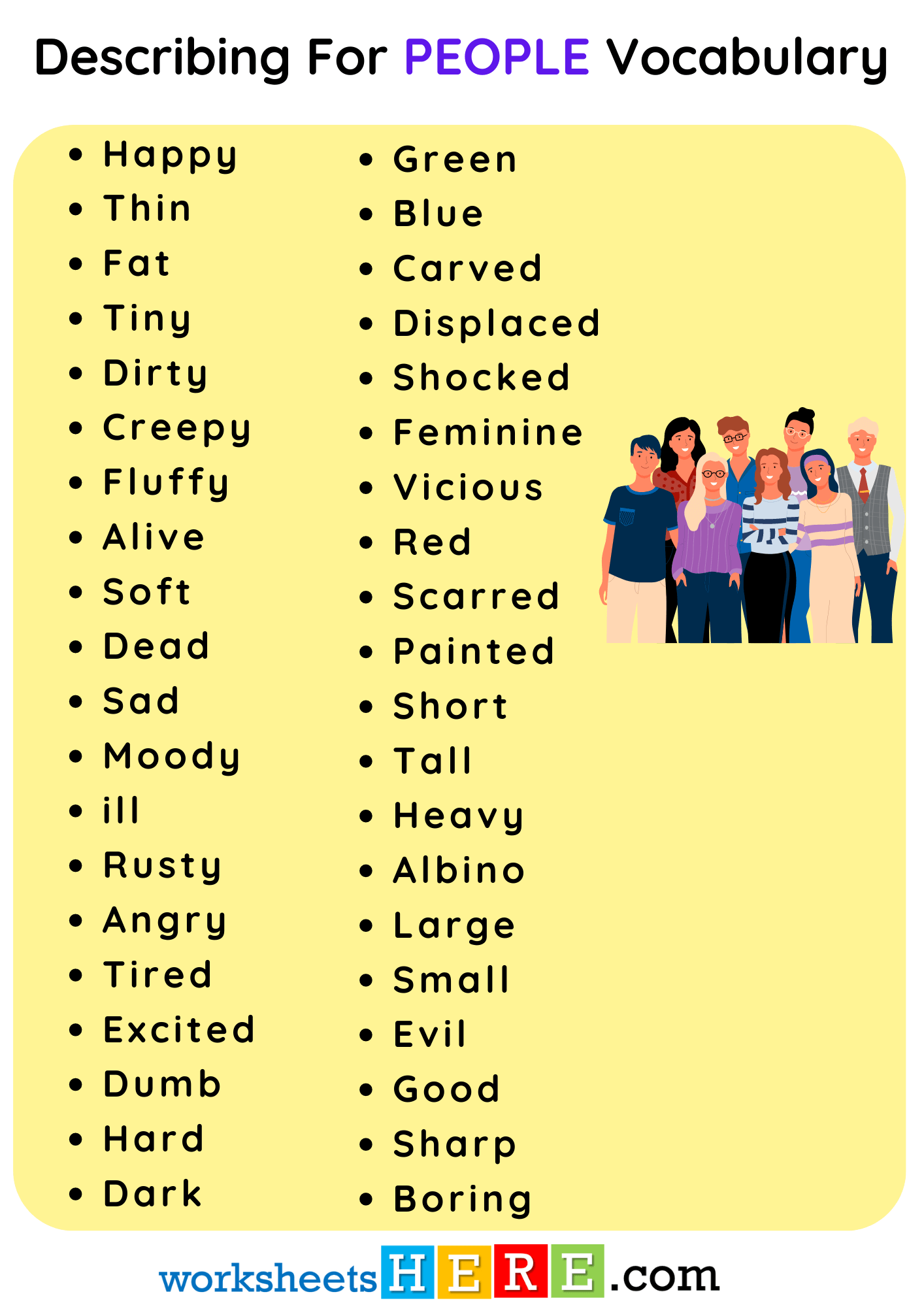 Describing For PEOPLE Vocabulary List PDF Worksheet For Students and Kids