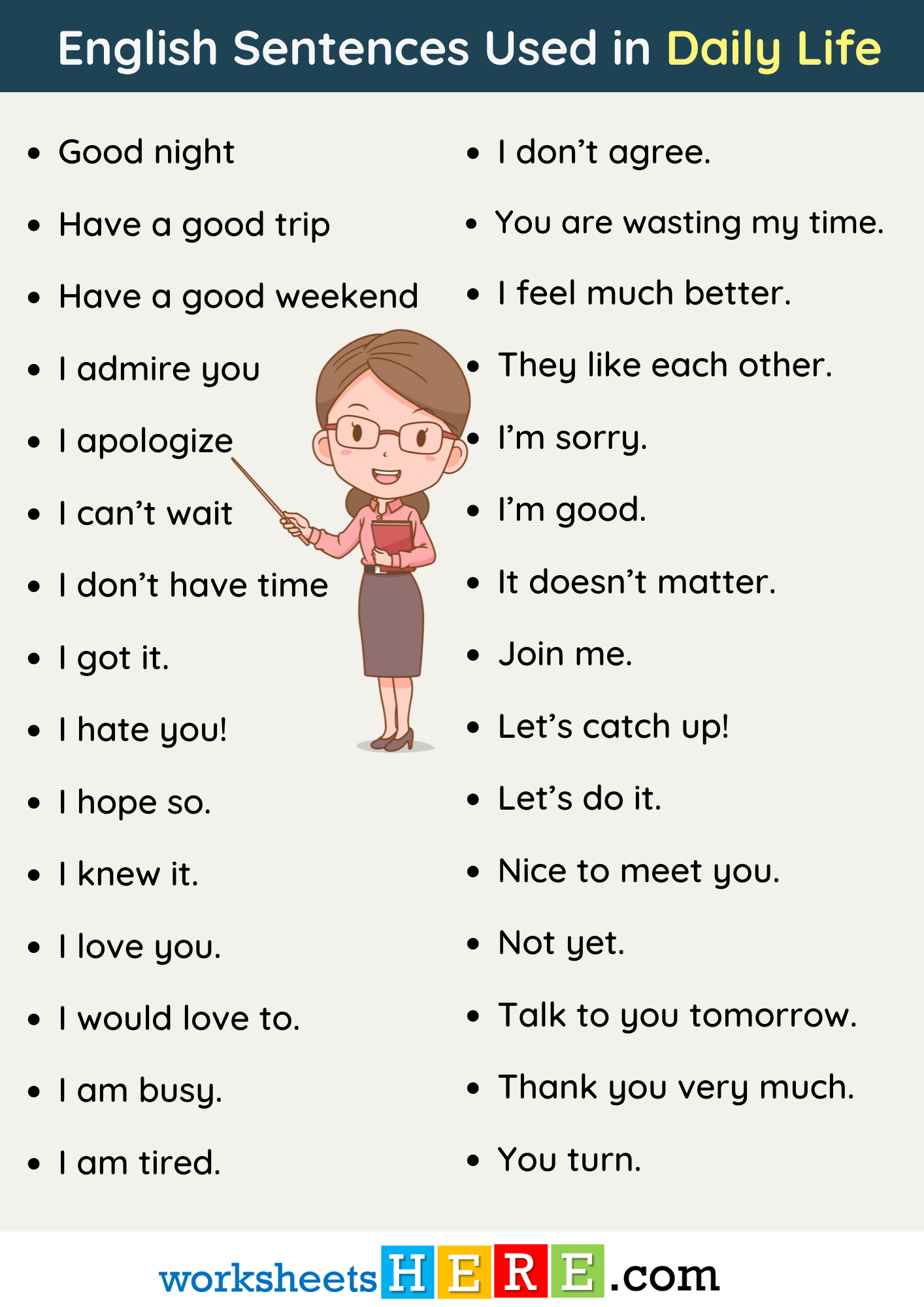 English Sentences Used in Daily Life PDF Worksheet For Students