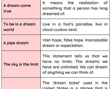 Idioms about DREAM and Meanings PDF Worksheet For Students