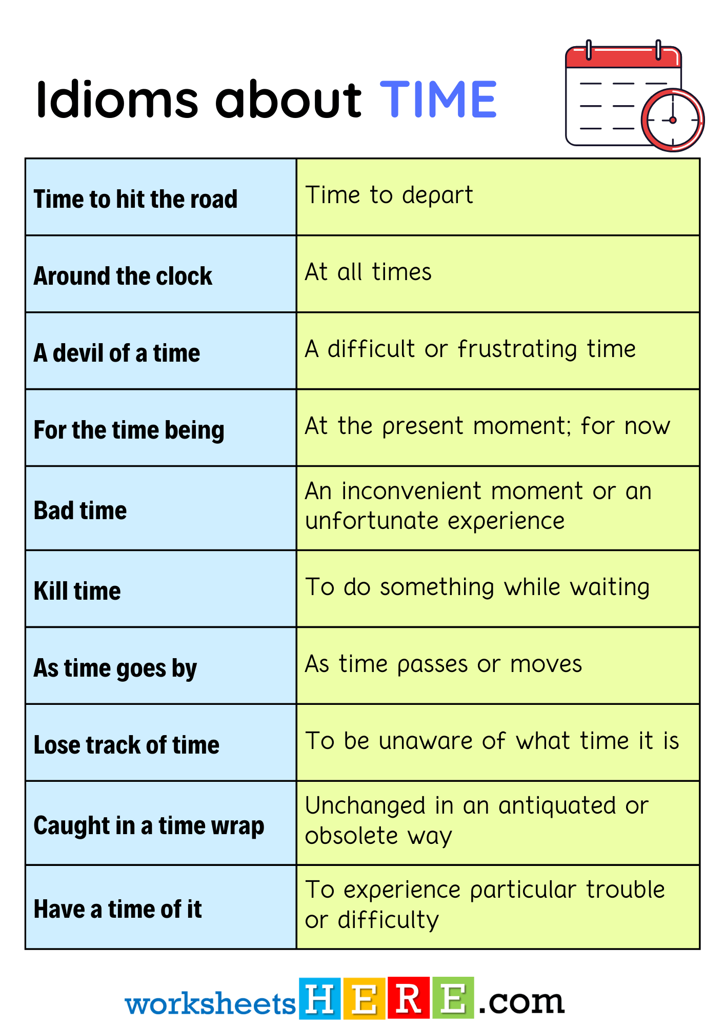 Idioms about TIME and Meanings PDF Worksheet For Studens and Kids