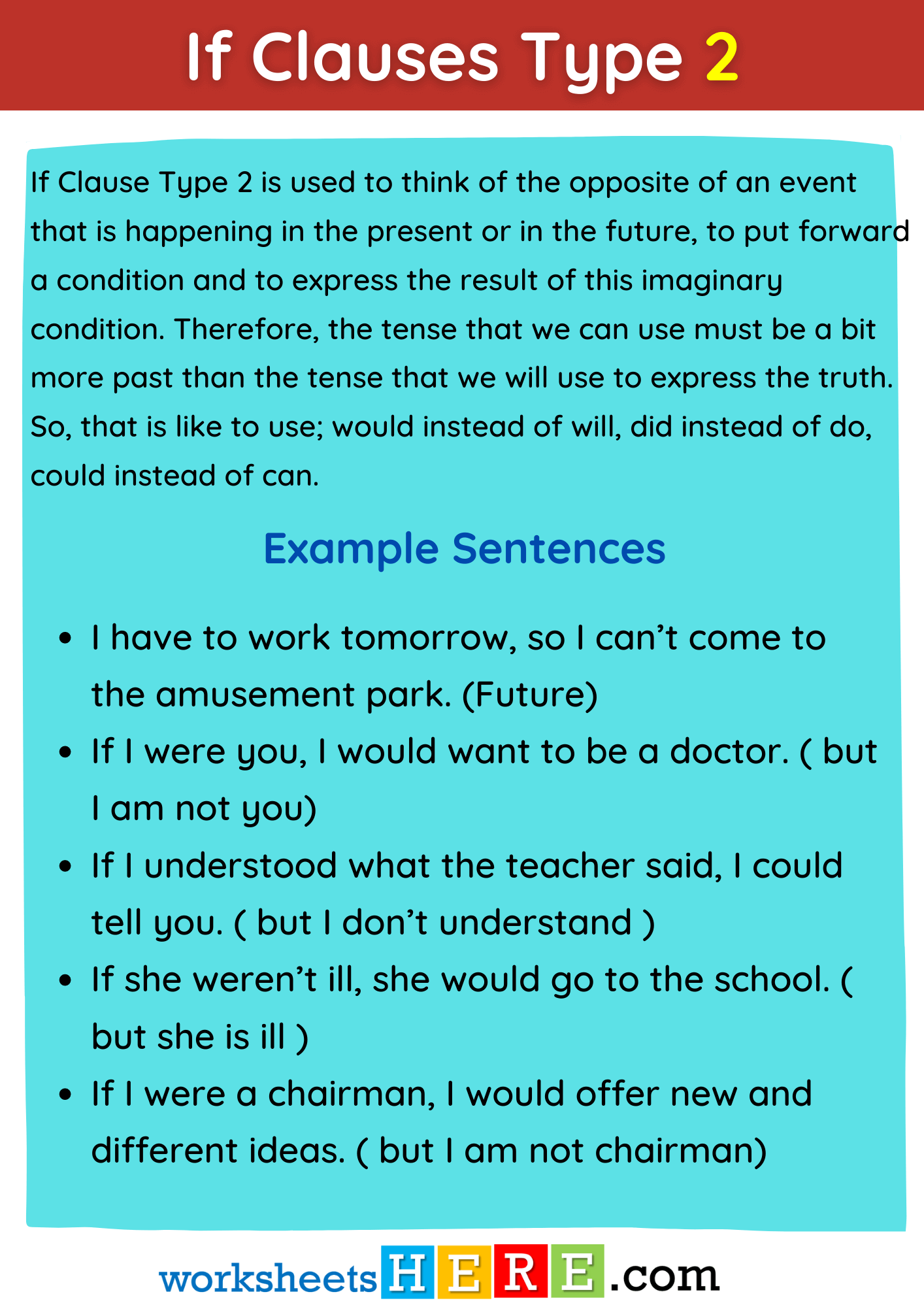 If Clauses Type 2 Second Type Definition and Example Sentences PDF Worksheet For Students