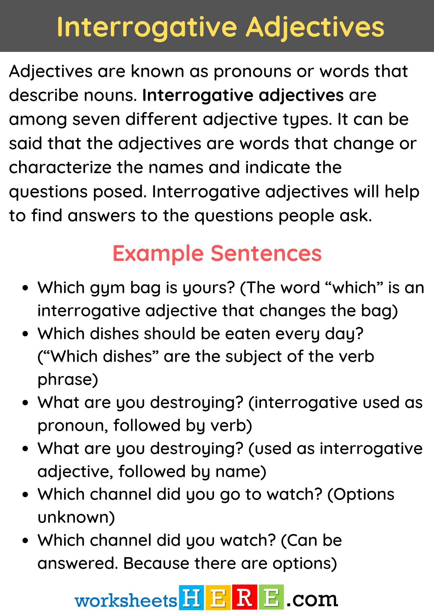 Interrogative Adjectives Definition and Example Sentences PDF Worksheet