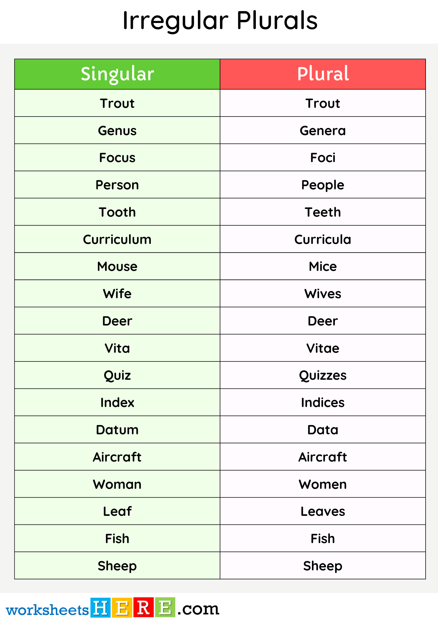 Irregular Plurals List Examples PDF Worksheet For Students and Kids