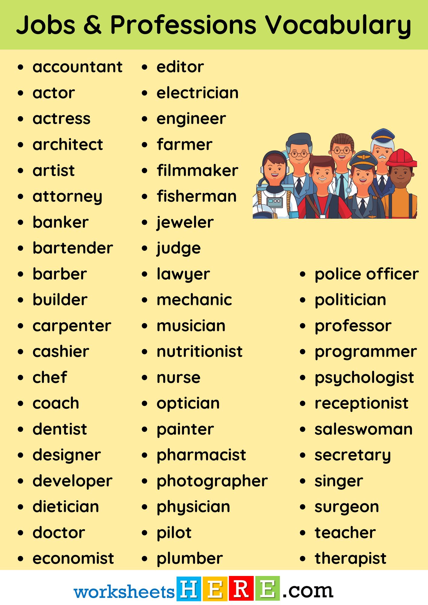 Jobs and Professions Vocabulary List PDF Worksheet For Students and Kids