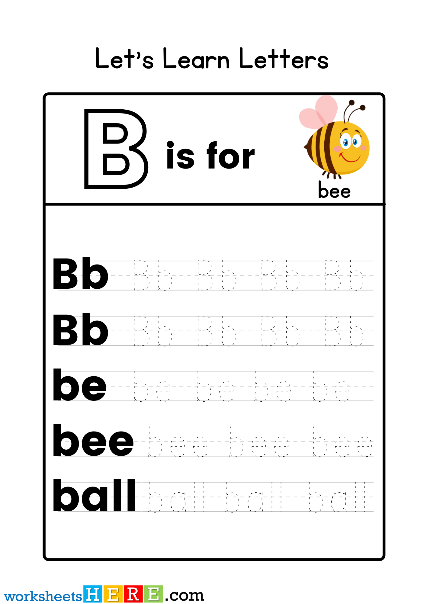 Learn Letters, Letter B Tracing Activity PDF Worksheet for Kindergarten