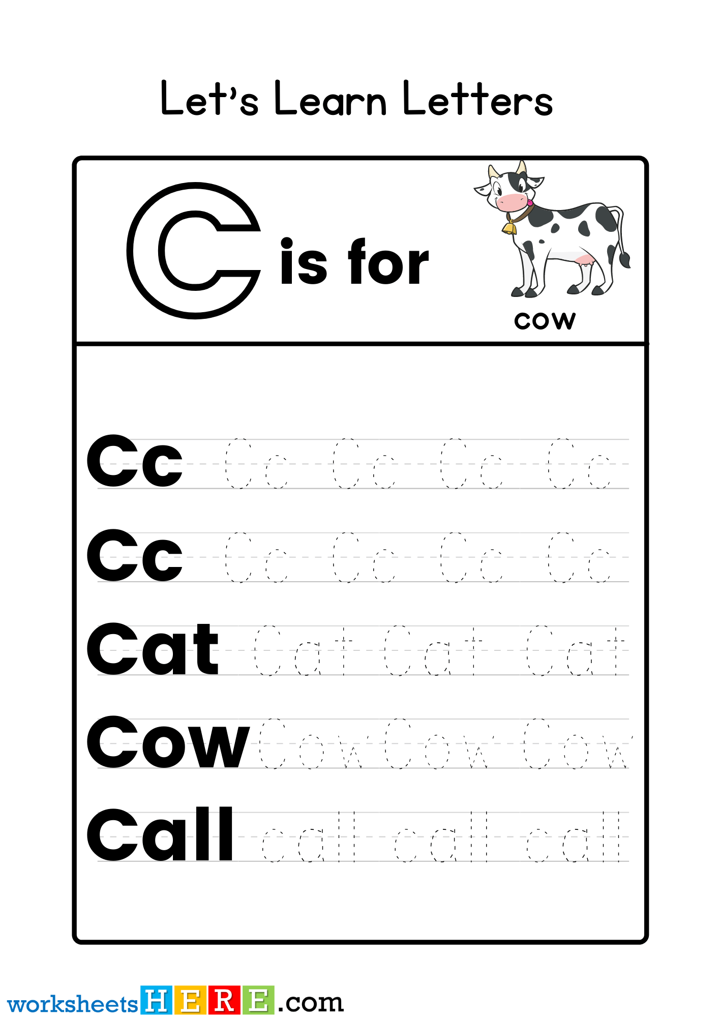 Learn Letters, Letter C Tracing Activity PDF Worksheet for Kindergarten