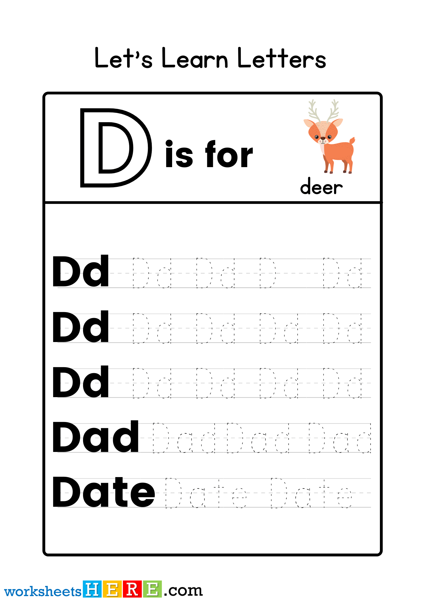 Learn Letters, Letter D Tracing Activity PDF Worksheet for Kindergarten